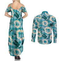 Aloha Hawaii Paniolo Teal Palaka Couples Matching Summer Maxi Dress and Long Sleeve Button Shirt Coastal Rodeo LT7 - Polynesian Pride