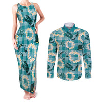 Aloha Hawaii Paniolo Teal Palaka Couples Matching Tank Maxi Dress and Long Sleeve Button Shirt Coastal Rodeo LT7 Teal - Polynesian Pride