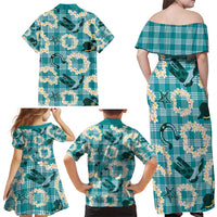 Aloha Hawaii Paniolo Teal Palaka Family Matching Off Shoulder Maxi Dress and Hawaiian Shirt Coastal Rodeo LT7 - Polynesian Pride
