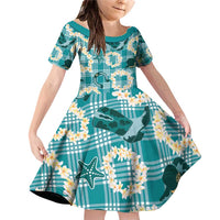 Aloha Hawaii Paniolo Teal Palaka Family Matching Off Shoulder Short Dress and Hawaiian Shirt Coastal Rodeo LT7 Daughter's Dress Teal - Polynesian Pride