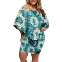 Aloha Hawaii Paniolo Teal Palaka Family Matching Off Shoulder Short Dress and Hawaiian Shirt Coastal Rodeo LT7 Mom's Dress Teal - Polynesian Pride