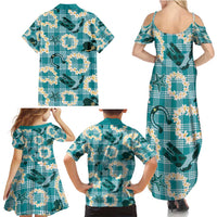 Aloha Hawaii Paniolo Teal Palaka Family Matching Summer Maxi Dress and Hawaiian Shirt Coastal Rodeo LT7 - Polynesian Pride