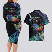 Polynesian Cancers Awareness Couples Matching Long Sleeve Bodycon Dress and Hawaiian Shirt Hummingbird - Fly High Until We Meet Again LT7 - Polynesian Pride