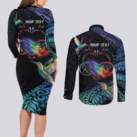 Polynesian Cancers Awareness Couples Matching Long Sleeve Bodycon Dress and Long Sleeve Button Shirt Hummingbird - Fly High Until We Meet Again LT7 - Polynesian Pride