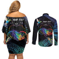Polynesian Cancers Awareness Couples Matching Off Shoulder Short Dress and Long Sleeve Button Shirt Hummingbird - Fly High Until We Meet Again LT7 - Polynesian Pride