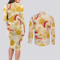 Beige Palaka Hawaii Aloha Couples Matching Long Sleeve Bodycon Dress and Long Sleeve Button Shirt Koi Pond Mix Ilima Flowers LT7 - Polynesian Pride