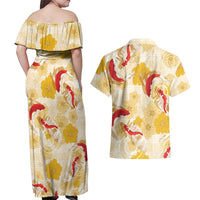 Beige Palaka Hawaii Aloha Couples Matching Off Shoulder Maxi Dress and Hawaiian Shirt Koi Pond Mix Ilima Flowers LT7 - Polynesian Pride