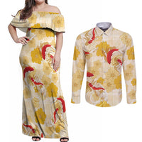 Beige Palaka Hawaii Aloha Couples Matching Off Shoulder Maxi Dress and Long Sleeve Button Shirt Koi Pond Mix Ilima Flowers LT7 Cream Yellow - Polynesian Pride