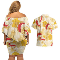 Beige Palaka Hawaii Aloha Couples Matching Off Shoulder Short Dress and Hawaiian Shirt Koi Pond Mix Ilima Flowers LT7 - Polynesian Pride