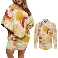 Beige Palaka Hawaii Aloha Couples Matching Off Shoulder Short Dress and Long Sleeve Button Shirt Koi Pond Mix Ilima Flowers LT7 Cream Yellow - Polynesian Pride