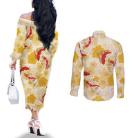 Beige Palaka Hawaii Aloha Couples Matching Off The Shoulder Long Sleeve Dress and Long Sleeve Button Shirt Koi Pond Mix Ilima Flowers LT7 - Polynesian Pride