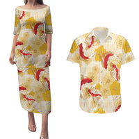 Beige Palaka Hawaii Aloha Couples Matching Puletasi and Hawaiian Shirt Koi Pond Mix Ilima Flowers LT7 Cream Yellow - Polynesian Pride