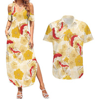 Beige Palaka Hawaii Aloha Couples Matching Summer Maxi Dress and Hawaiian Shirt Koi Pond Mix Ilima Flowers LT7 Cream Yellow - Polynesian Pride