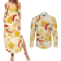 Beige Palaka Hawaii Aloha Couples Matching Summer Maxi Dress and Long Sleeve Button Shirt Koi Pond Mix Ilima Flowers LT7 Cream Yellow - Polynesian Pride