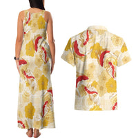 Beige Palaka Hawaii Aloha Couples Matching Tank Maxi Dress and Hawaiian Shirt Koi Pond Mix Ilima Flowers LT7 - Polynesian Pride