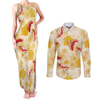 Beige Palaka Hawaii Aloha Couples Matching Tank Maxi Dress and Long Sleeve Button Shirt Koi Pond Mix Ilima Flowers LT7 Cream Yellow - Polynesian Pride