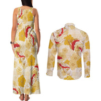 Beige Palaka Hawaii Aloha Couples Matching Tank Maxi Dress and Long Sleeve Button Shirt Koi Pond Mix Ilima Flowers LT7 - Polynesian Pride