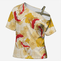 Beige Palaka Hawaii Aloha Cross Shoulder Shirt Koi Pond Mix Ilima Flowers - Polynesian Pride
