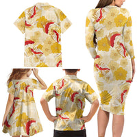 Beige Palaka Hawaii Aloha Family Matching Long Sleeve Bodycon Dress and Hawaiian Shirt Koi Pond Mix Ilima Flowers LT7 - Polynesian Pride