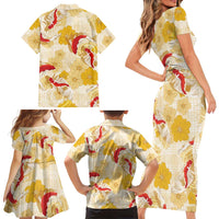 Beige Palaka Hawaii Aloha Family Matching Short Sleeve Bodycon Dress and Hawaiian Shirt Koi Pond Mix Ilima Flowers LT7 - Polynesian Pride