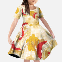Beige Palaka Hawaii Aloha Family Matching Tank Maxi Dress and Hawaiian Shirt Koi Pond Mix Ilima Flowers LT7 Daughter's Dress Cream Yellow - Polynesian Pride