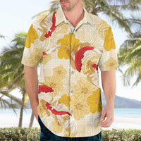 Beige Palaka Hawaii Aloha Hawaiian Shirt Koi Pond Mix Ilima Flowers - Polynesian Pride