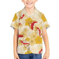 Beige Palaka Hawaii Aloha Hawaiian Shirt Koi Pond Mix Ilima Flowers - Polynesian Pride