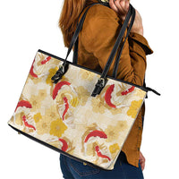 Beige Palaka Hawaii Aloha Leather Tote Bag Koi Pond Mix Ilima Flowers - Polynesian Pride