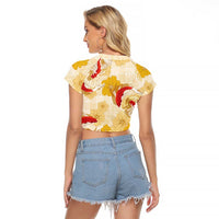 Beige Palaka Hawaii Aloha Raglan Cropped T Shirt Koi Pond Mix Ilima Flowers - Polynesian Pride