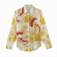Beige Palaka Hawaii Aloha Women Casual Shirt Koi Pond Mix Ilima Flowers - Polynesian Pride