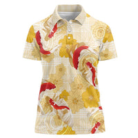 Beige Palaka Hawaii Aloha Women Polo Shirt Koi Pond Mix Ilima Flowers LT7 Female Cream Yellow - Polynesian Pride