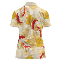 Beige Palaka Hawaii Aloha Women Polo Shirt Koi Pond Mix Ilima Flowers LT7 - Polynesian Pride