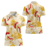 Beige Palaka Hawaii Aloha Women Polo Shirt Koi Pond Mix Ilima Flowers LT7 - Polynesian Pride
