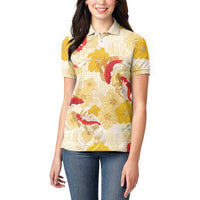 Beige Palaka Hawaii Aloha Women Polo Shirt Koi Pond Mix Ilima Flowers LT7 - Polynesian Pride