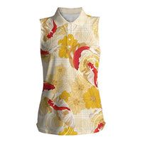 Beige Palaka Hawaii Aloha Women Sleeveless Polo Shirt Koi Pond Mix Ilima Flowers LT7 Female Cream Yellow - Polynesian Pride