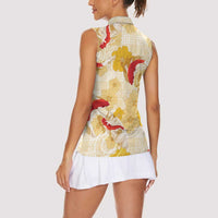 Beige Palaka Hawaii Aloha Women Sleeveless Polo Shirt Koi Pond Mix Ilima Flowers LT7 - Polynesian Pride
