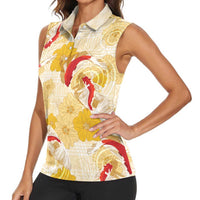 Beige Palaka Hawaii Aloha Women Sleeveless Polo Shirt Koi Pond Mix Ilima Flowers LT7 - Polynesian Pride