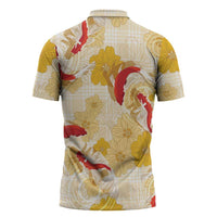 Beige Palaka Hawaii Aloha Zipper Polo Shirt Koi Pond Mix Ilima Flowers - Polynesian Pride