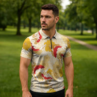 Beige Palaka Hawaii Aloha Zipper Polo Shirt Koi Pond Mix Ilima Flowers - Polynesian Pride