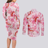 Pink Palaka Hawaii Aloha Couples Matching Long Sleeve Bodycon Dress and Long Sleeve Button Shirt Koi Pond Mix Sakura LT7 - Polynesian Pride