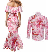 Pink Palaka Hawaii Aloha Couples Matching Mermaid Dress and Long Sleeve Button Shirt Koi Pond Mix Sakura LT7 - Polynesian Pride