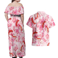Pink Palaka Hawaii Aloha Couples Matching Off Shoulder Maxi Dress and Hawaiian Shirt Koi Pond Mix Sakura LT7 - Polynesian Pride