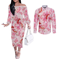 Pink Palaka Hawaii Aloha Couples Matching Off The Shoulder Long Sleeve Dress and Long Sleeve Button Shirt Koi Pond Mix Sakura LT7 Pink - Polynesian Pride