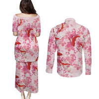 Pink Palaka Hawaii Aloha Couples Matching Puletasi and Long Sleeve Button Shirt Koi Pond Mix Sakura - Polynesian Pride