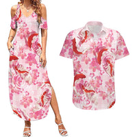 Pink Palaka Hawaii Aloha Couples Matching Summer Maxi Dress and Hawaiian Shirt Koi Pond Mix Sakura LT7 Pink - Polynesian Pride