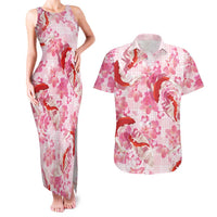 Pink Palaka Hawaii Aloha Couples Matching Tank Maxi Dress and Hawaiian Shirt Koi Pond Mix Sakura LT7 Pink - Polynesian Pride