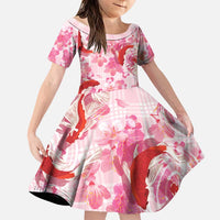 Pink Palaka Hawaii Aloha Family Matching Off Shoulder Short Dress and Hawaiian Shirt Koi Pond Mix Sakura LT7 Daughter's Dress Pink - Polynesian Pride