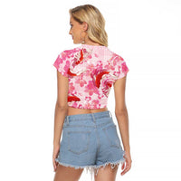 Pink Palaka Hawaii Aloha Raglan Cropped T Shirt Koi Pond Mix Sakura - Polynesian Pride