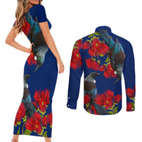 New Zealand Pohutukawa with Tui Birds Couples Matching Short Sleeve Bodycon Dress and Long Sleeve Button Shirt Version 2 LT7 - Polynesian Pride