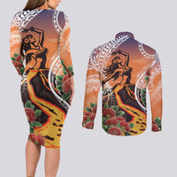 Hawaii Women's Day Tribal Couples Matching Long Sleeve Bodycon Dress and Long Sleeve Button Shirt Pele Honua Mea LT7 - Polynesian Pride